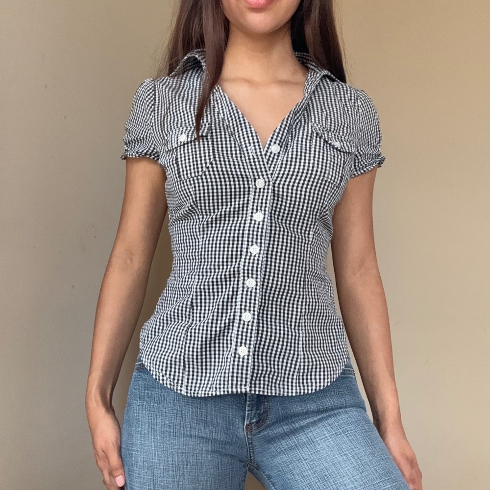 Y2K Gingham Plaid Cinched Back Button Down Shirt Small - Picture 2 of 4